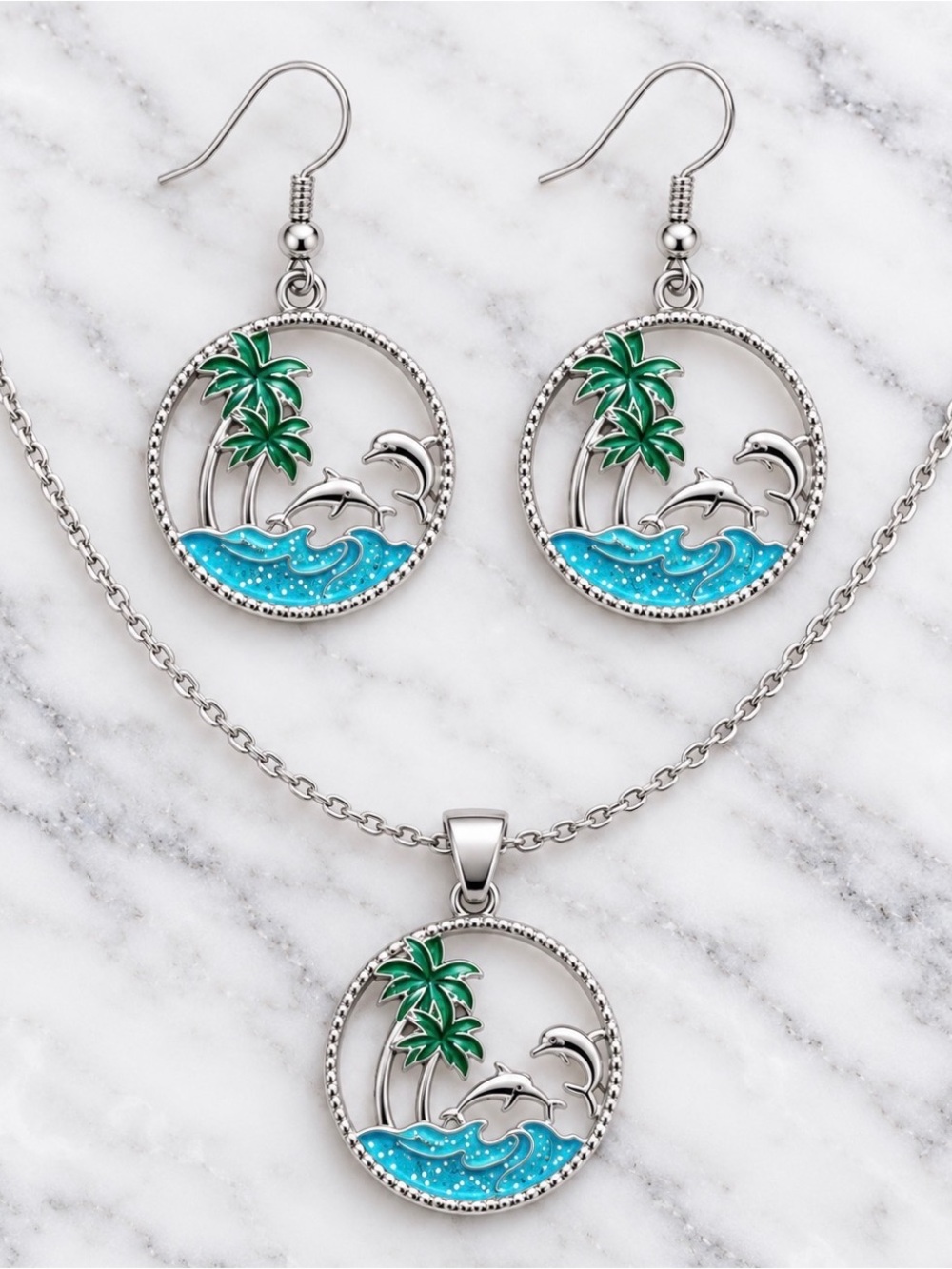 Silver Palm Tree & Dolphin Blue Enamel Necklace and Earring Set